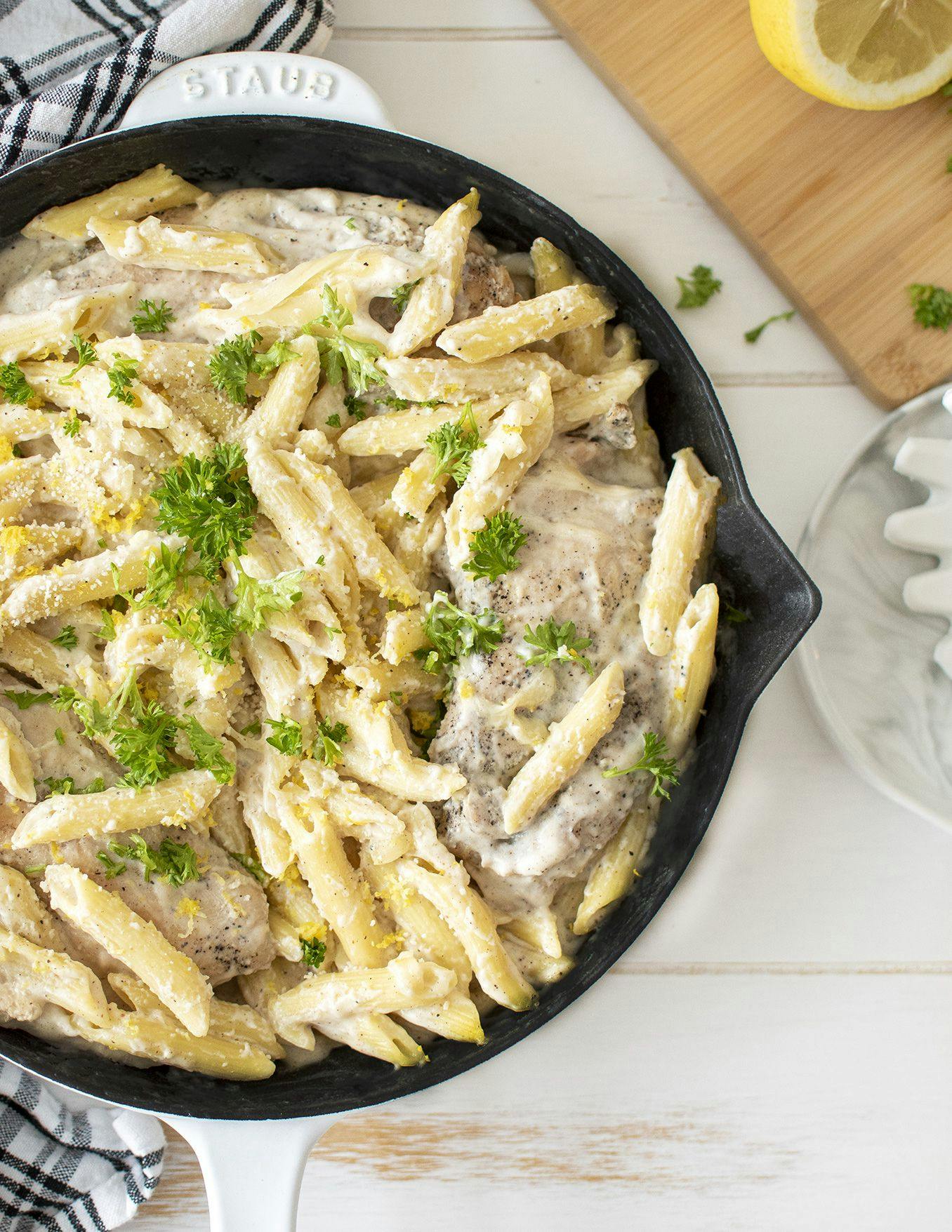 A skillet of Cheesy Chicken Pasta. 