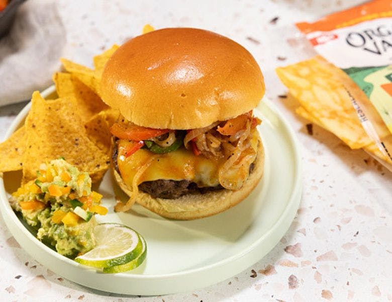 Fajita Cheeseburger with Spicy Cheddar Organic Valley Flavor Favorites Sliced Cheese.