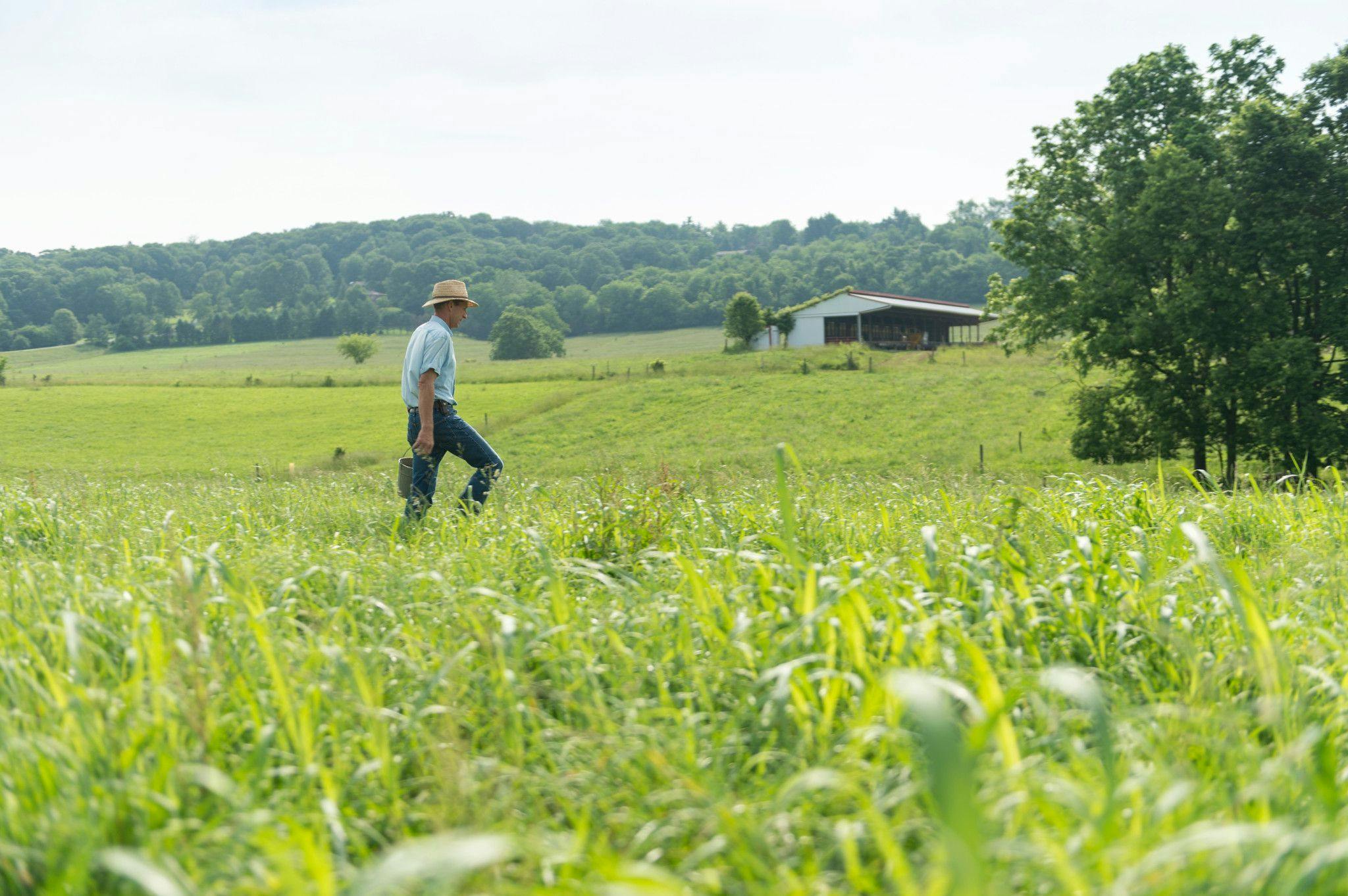 Ronald Holter walks across a field with trees in the background at his small organic family farm in Maryland.