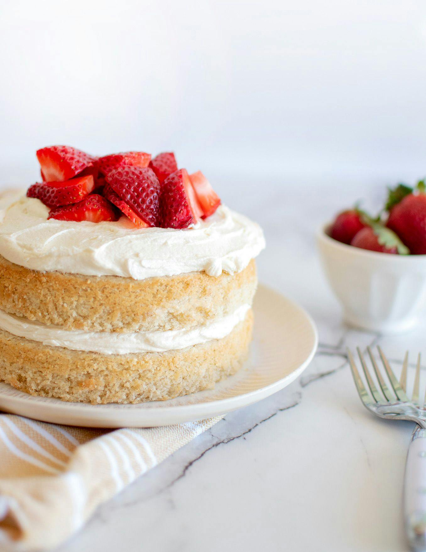 Eggless Strawberry Shortcake with strawberries on top. 