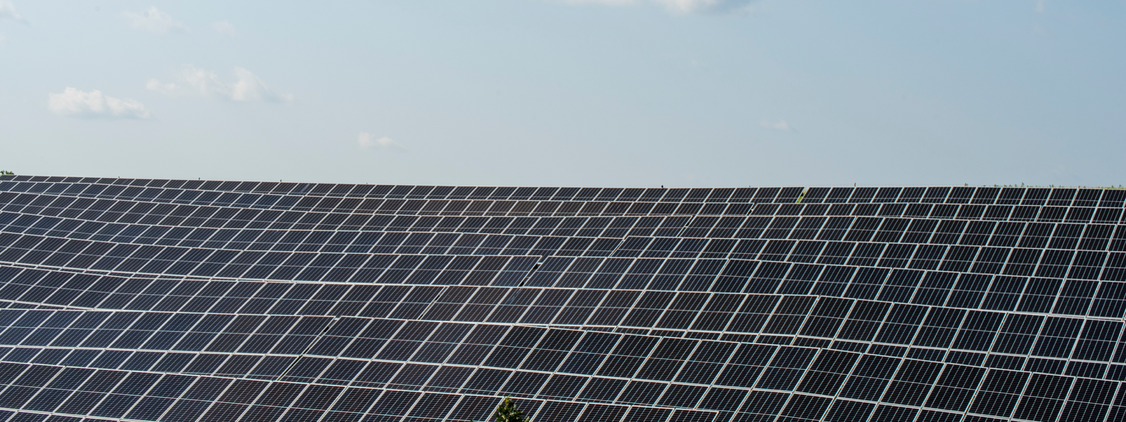 Rows of solar panels against a blue sky with fluffy clouds.