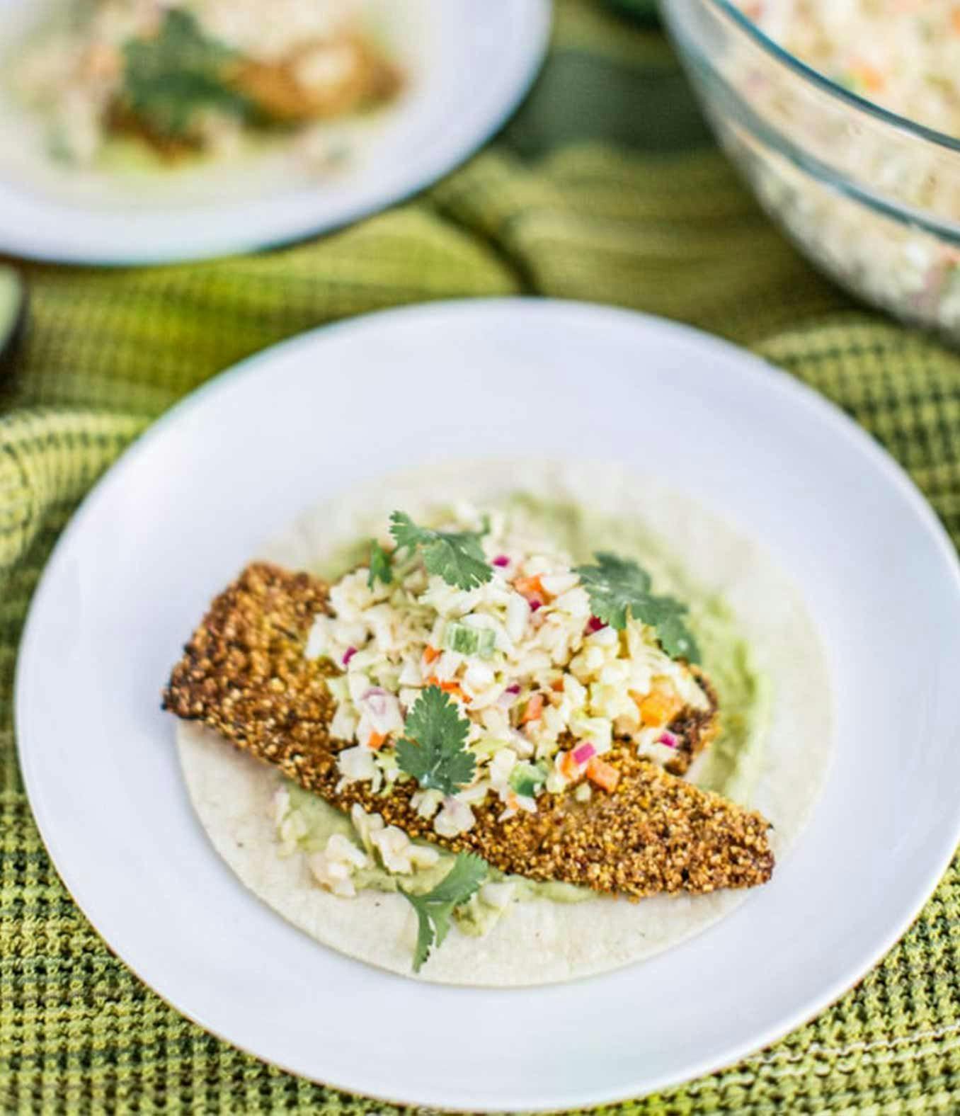 Gluten Free Baja Fish Tacos with Avocado Crema + Chipotle Slaw